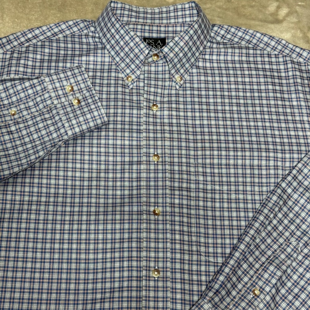Jos. A. Bank Traveler's Collection Plaid Button Down Shirt Blue Orange XL